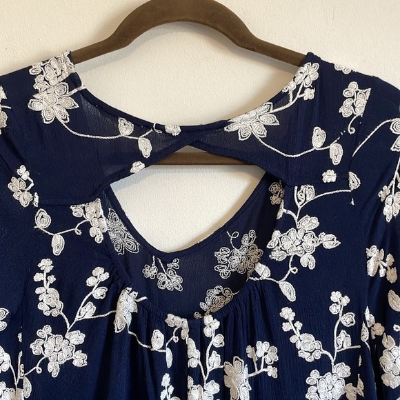 Boho Embroidered Mini Dress XS Bell Navy Swing Loose Classy Altar’d State Hippie - Picture 8 of 16